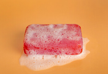 Red Soap Bar Isolated, Body Care Cosmetic, Fruit Soapy Detergent, Solid Shampoo, Glycerin Soap
