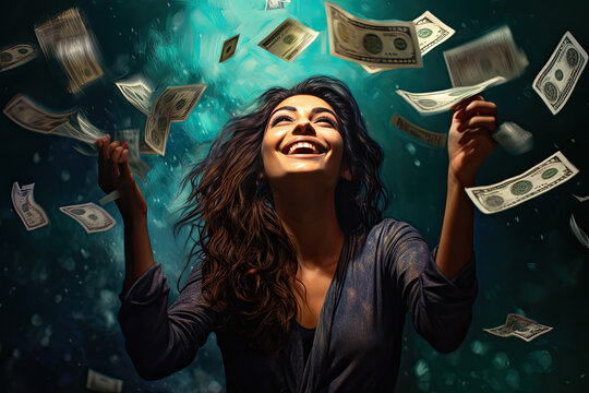 the girl is excited and is holding money up, joy of winning the lottery © Kien