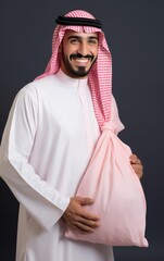 Arab Man Smiling and Posing with his Pink Baby. Fictional characters created by Generated AI.