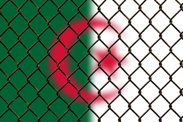 Fototapeta premium A steel mesh against the background of the flag Algeria.