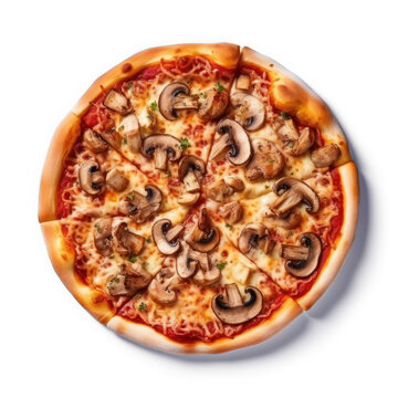 Delicious Funghi pizza with mushrooms, top view, isolated on white as a cut-out PNG with shadow.