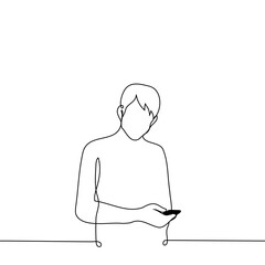 man standing holding phone - one line art vector. concept of receiving a call, using the phone