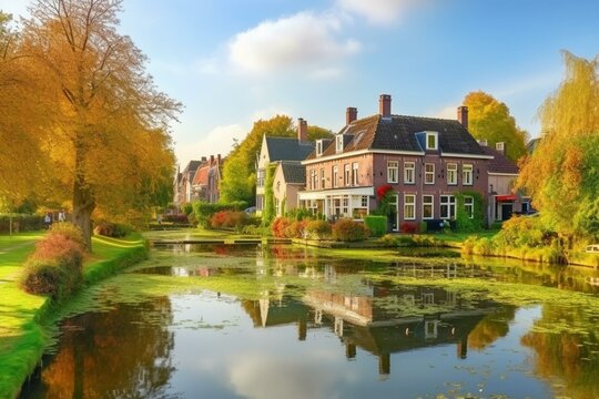 Scenic view of Dutch countryside, featuring a pond and charming town. Generative AI