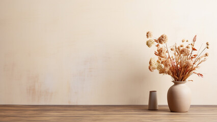Beige wallpaper with dried flowers in a vase on a wooden table