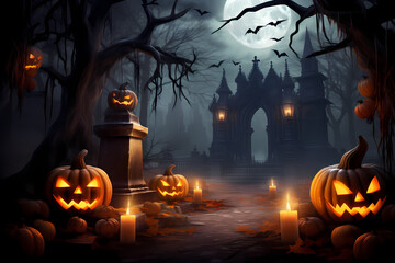 spooky castle with pumpkins and other Halloween decorations, 3d style. Generative AI