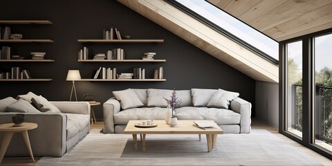 Attic living room with minimalist white sofa, simple and elegant