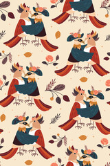 Vintage seamless pattern featuring two dancing birds. Perfect for textiles, wrapping paper for Valentine's Day and holiday projects.