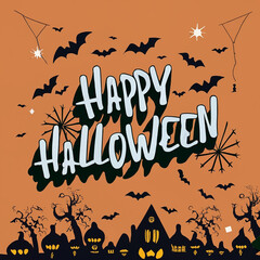 Halloween banner with black bats on the orange background. Illustration with text.