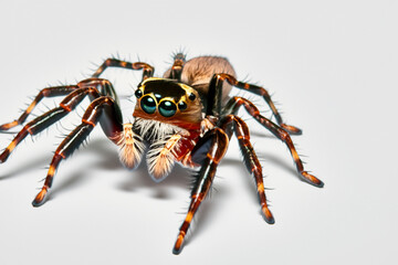 a large fluffy colored tarantula spider runs across the table. AI GENERATE