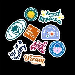 Sticker set Cute vector template decorated with cartoon image and aesthetic quotes graphic design