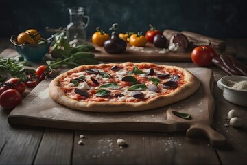 pizza with salami and tomatoes