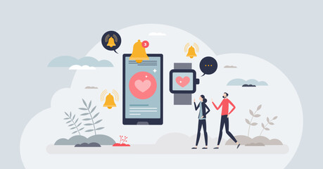 mHealth as mobile health care app for disease warning tiny person concept. Daily body stats and heart rate monitoring for effective wellness checkup vector illustration. Notifications for illness. - obrazy, fototapety, plakaty