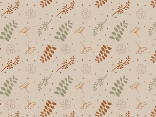 Seamless pattern with leaves and flowers. Elegant floral background in minimalistic linear style. Trendy line art design element for fabric, wrapping paper.