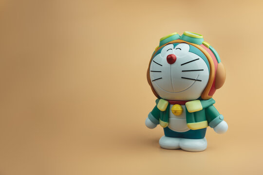 Samut Prakan, Thailand - October 18, 2023 : Plastic drink toy Doraemon to promote the movie of Doraemon The Movie 2023: Nobita's Sky Utopia. From SF Cinema city. The cinema in Thailand