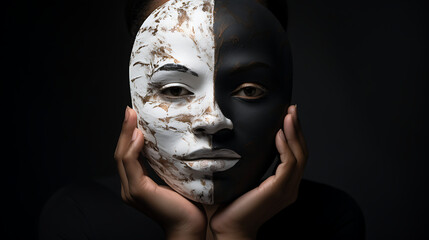 Person Holding Half-Black Half-White Mask Depicting Duality. - obrazy, fototapety, plakaty