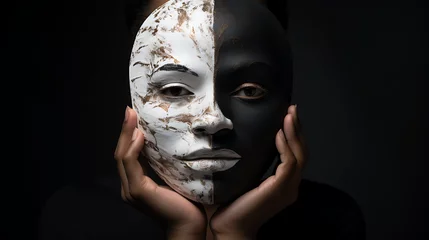 Fotobehang Person Holding Half-Black Half-White Mask Depicting Duality. © Custom Media