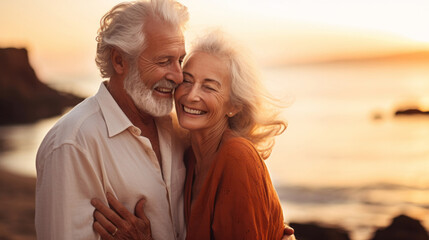 Loving senior couple spending quality time after retirement or on vacation at sunset - obrazy, fototapety, plakaty