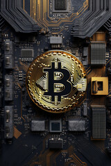 Crypto currency Bitcoin (BTC): Bitcoin golden coins on a chart, Blockchain technology