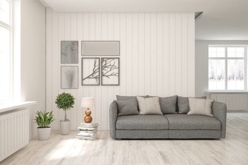 White living room with sofa. Scandinavian interior design. 3D illustration