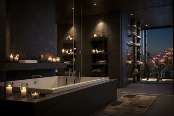 Well-lit bathroom with candlelit ambiance and sleek dark tiles. Generative AI