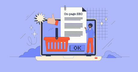 E-commerce SEO guide for effective website keywords retro tiny person concept. Search engine optimization learning course with internet marketing and advertising for best results vector illustration.
