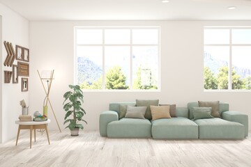 Bright interior design with modern furniture and summer landscape in window. 3D illustration