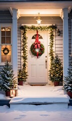 Fototapeta na wymiar A White Door With A Wreath On It