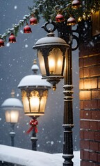 A Street Light With A Christmas Tree In The Background