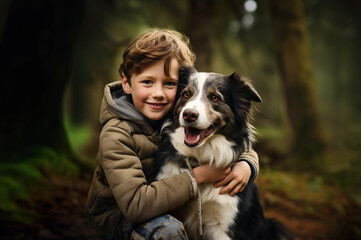 Photo of young happy boy hugging dog