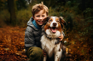 Photo of young happy boy hugging dog