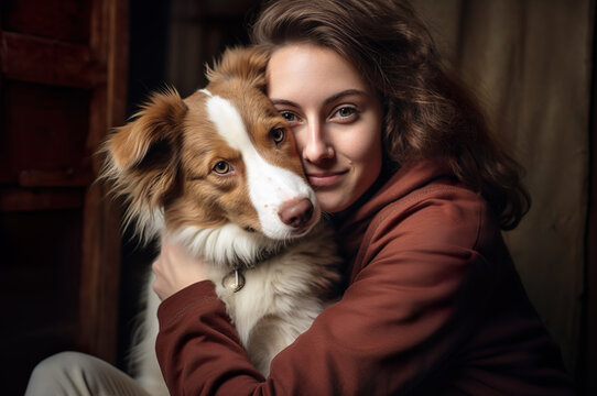 Photo of young happy female hugging dog