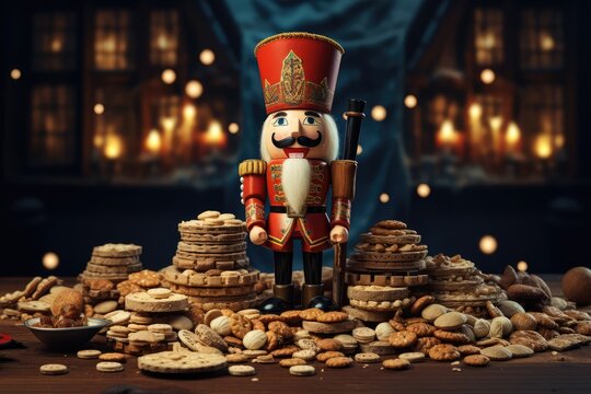 Nutcracker and cookies on a dark background. Selective focus. Christmas nutcracker