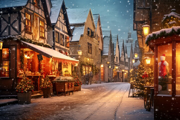 Christmas in old town at snowy evening. No people on the street. Fairy tale winter scene. - obrazy, fototapety, plakaty