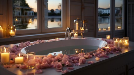 Luxurious modern bathroom with a captivating ambiance, Rose petals float gracefully in the water, creating a romantic and sensuous atmosphere