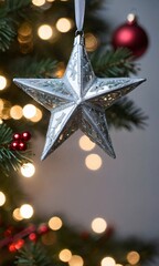 A Silver Star Hanging On A Christmas Tree