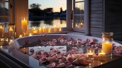Luxurious modern bathroom with a captivating ambiance, Rose petals float gracefully in the water, creating a romantic and sensuous atmosphere