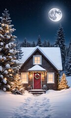 A Cabin With Christmas Lights And A Red Door