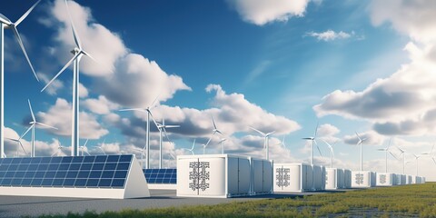 Energy storage system concept. Renewable energy - photovoltaics, wind turbines and battery cases - obrazy, fototapety, plakaty
