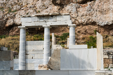 Greek ruins and columns in the Parthenon Acropolis of Athens.