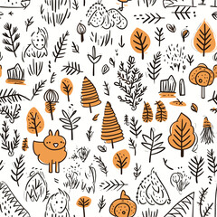 Autumn forest seamless pattern with season decor on white 