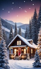 A Cabin With A Christmas Tree And A Snow Covered Roof