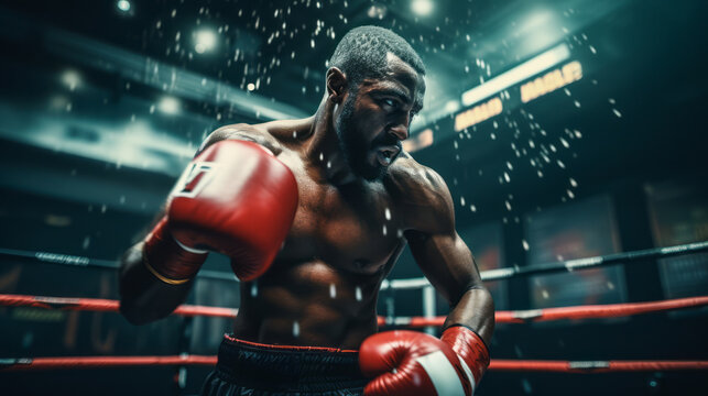 Young confident african american boxer standing in pose and ready to fight, stadium background.