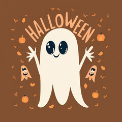 Cute white ghosts on an orange background. Isolated illustrations for the decoration of the Halloween holiday