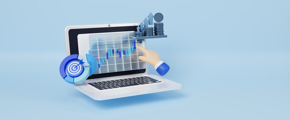 Business candle stick graph chart of stock market investment trading on screen, Trend of graph. Finance growth. Arrows up. Investment or business strategy. Profits and business growth. 3d rendering