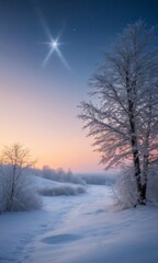 A Snowy Scene With A Tree And A Star