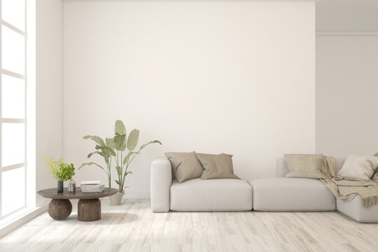 White modern interior design with sofa. Scandinavian interior design. 3D illustration © AntonSh