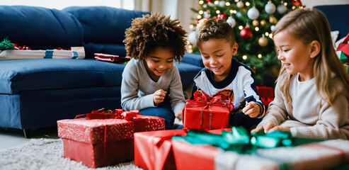 Three diverse kids gleefully unwrap Christmas presents in a cozy living room, with a beautifully decorated tree in the backdrop, capturing the magic of the holiday spirit.