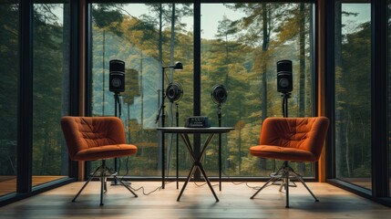 Modern podcast studio or interview room at a home office with the beautiful and calm nature background. - obrazy, fototapety, plakaty