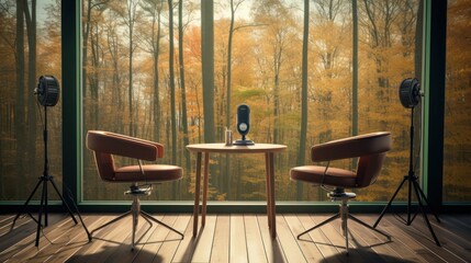 Modern podcast studio or interview room at a home office with the beautiful and calm nature background.