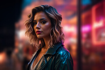 Beautiful young woman in leather jacket at night in a city neon lights